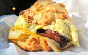 bacon, egg, and cheese biscuit sandwich (Cheeky's Sandwich Shop, NYC)